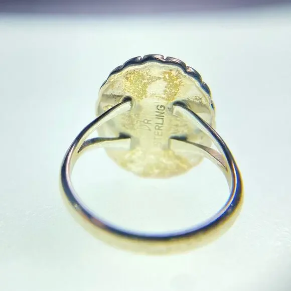925 Sterling Silver Orange Amber Cabochon Ring Bezel Set Size 7 Boho